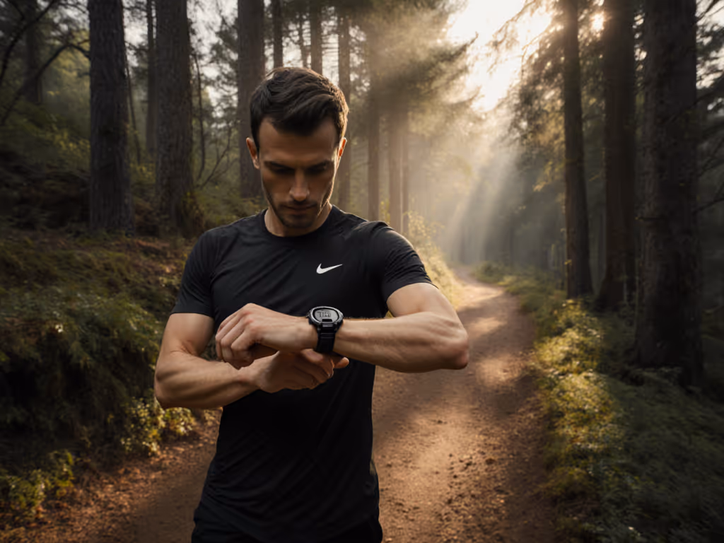trail_runner_checking_gps_watch_in_forest